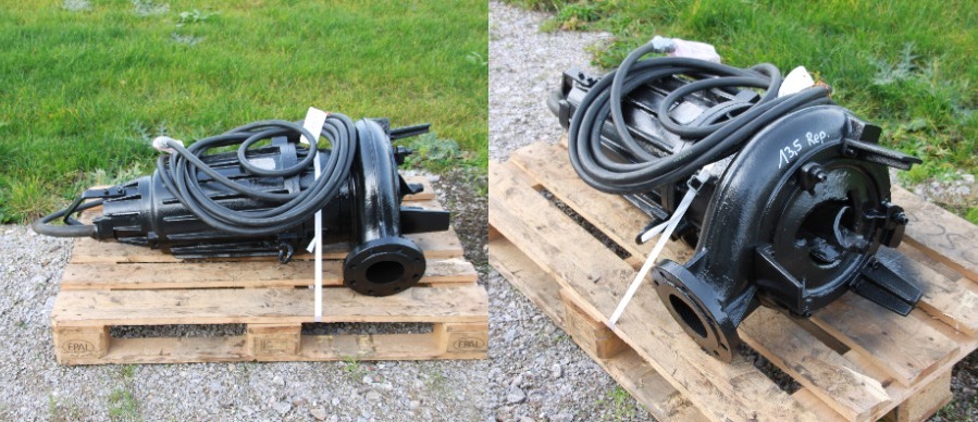 Collage einer gebrauchet Tauchmotorpumpe COKR auf Palette liegend, einmal in Seitensicht und einmal mit Blick auf den Impeller 