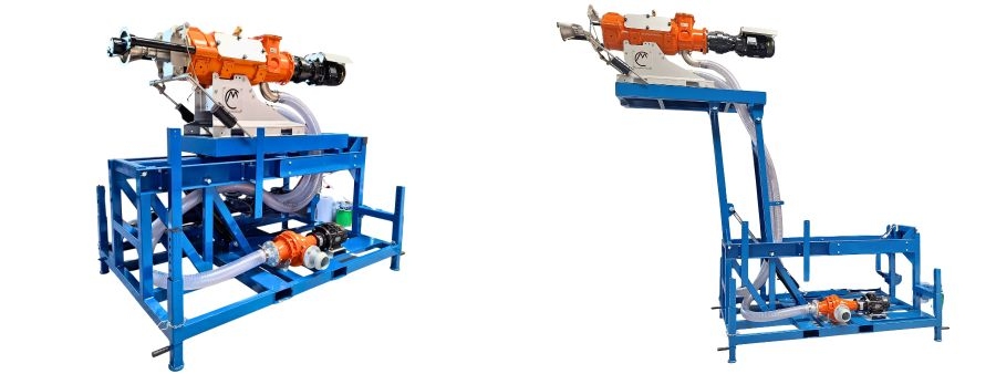 Collage einer mobilen Separationseinheit einmal mit eingefahrenem Separator li Bild, re Bild mit hochgefahrenem Separator