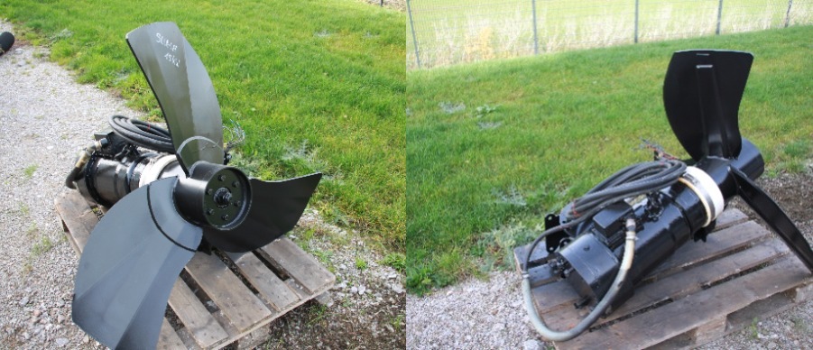 Bild Collage von einem gebrauchten Tauchmotorrührwerk Suma Optimix, Ansicht frontal auf den Propeller und auf die Seite